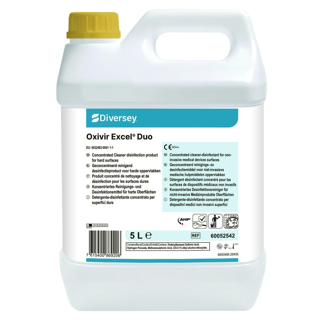 Oxivir Excel Duo 2x5L - Biocida: Detergente-disinfettante concentrato per superfici dureDispositivo Medico: Detergente-disinfettante concentrato per le superfici dei dispositivi medici non invasiviAutorizzazione BPR: EU-0032483-0001&nbsp;1-1